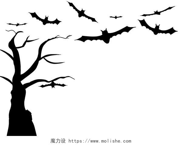 万圣节蝙蝠与枯树剪影PNG素材